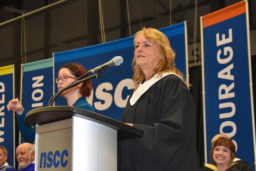 Lee Cowan gives the valedictorian address at the NSCC Pictou Campus graduation on Thursday.
