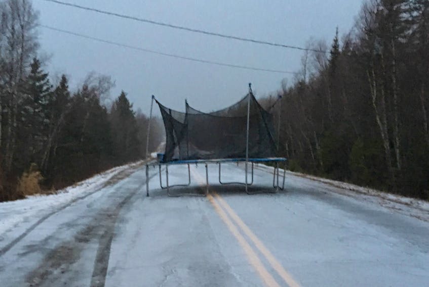 Thomas Fraser took this photo of a trampoline that had blown into the middle of the road on Hardwood Hill Road in Scotsburn last Friday.