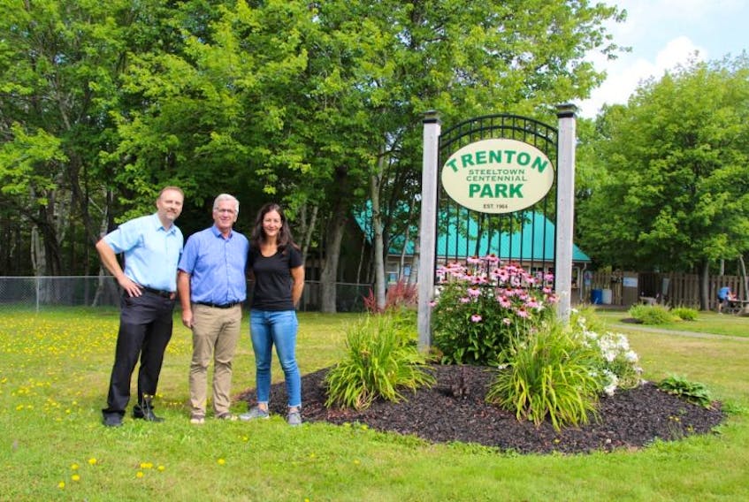 Trenton Mayor Shannon MacInnis, left, Jen Bethell of the Hemlock Group and Pictou Mayor Jim Ryan were together Wednesday to announce the Town of Pictou’s capital contribution to Trenton’s Park’s revitalization project.