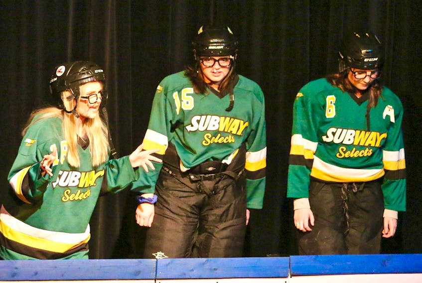 Kenzie Head, Emma MacLeod and Linea Durdle are shown performing in The Hockey Monologues: The Final Buzzer, in February. The show is hitting the stage again, this time to raise funds for the Pictou County peewee AAA Crushers, who are hosting the Atlantic championship. JENNIFER WEEKS PHOTO