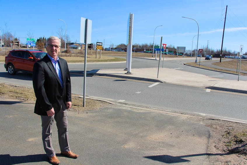 Pictou Mayor Jim Ryan stands near the roundabout were the town just sold its first lot of land for commercial development. The town says it is in negotiations for a few other parcels around the rotary and is hoping for further development on Pine Tree Road.