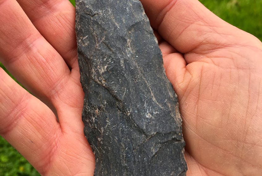 This aboriginal stone tool artifact – a spearhead or knife blade – was found by a hiker last May in the Scotsburn area. Tessa Elliott photo