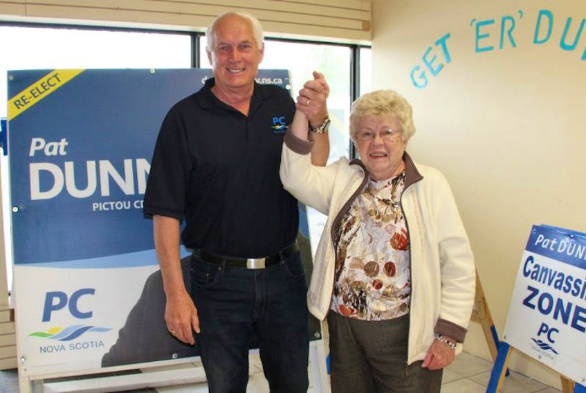 Pat Dunn, PC candidate for Pictou Centre, is greeted by longtime volunteer and supporter Jean Murray, who brings the campaign team homemade biscuits and oatcakes on regular basis.