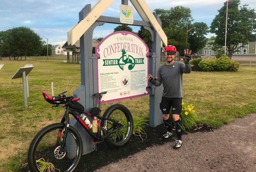 Lloyd McLean of Lyons Brook, N.S., said he managed to complete the entire 273-kilometre Confederation Trail in just under 12 hours last Friday. He’s pictured here at the start of his journey in Tignish.