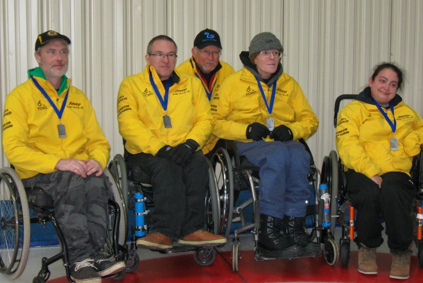 The Devin Forbes team won silver at the 2018 Harding Medical Wheelchair Curling Championship which was held at the Bluenose Curling Club over the weekend. From left are Devin Forbes, Bill MacKenzie, Philip Sutherland and Kathy McIsaac with coach John Marshall.