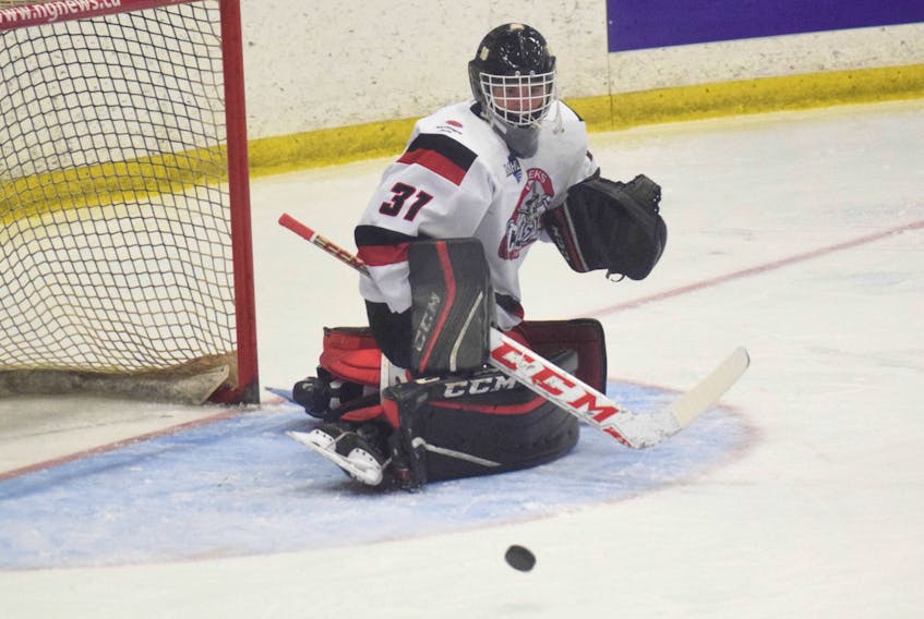 Weeks Crushers goaltender Andrew MacLeod makes the save against the Yarmouth Mariners on Tuesday.