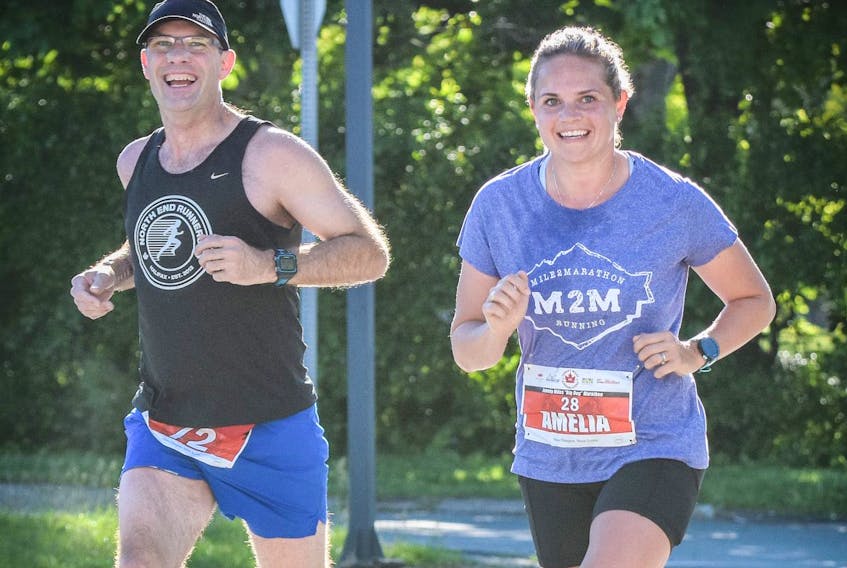 Amelia Fraser, a native of Pictou, came home from Whitehorse to run in the Johnny Miles full marathon Sunday. Fraser was the first woman to cross the finish line in the full marathon with a time of 3:22:07.