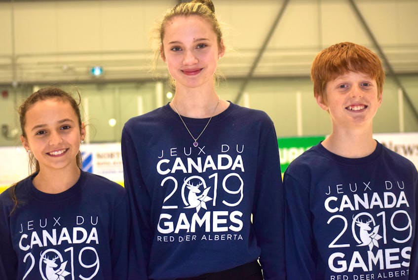 Mariposa East skaters, from left, Brooke Pennington, Jailyn Elliott and Cameron Boulter will head west in February to compete in the Canada Winter Games in Red Deer, Alta.