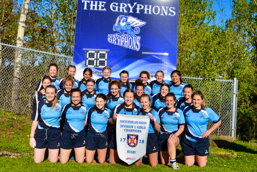 The NNEC Gryphons won the regional rugby banner last week, with an 88-0 win over the CEC Cougars. The team is off to provincials this coming weekend. In front are: Kylie MacKenzie, Sarah Wynn-Baudoux, Peyton Sutherland, Caitlin Taylor, Lindsey MacDonald, Nora Burrows and Sophia Wornell. Middle row: Victoria Straub, Eva Wornell, Rhea Young, Chloe Martell, Kirsten a Dewar, Lauren MacLeod, and Kennedy Atwel. Back row: Jensen Arsenault, Alicia Thomsen, Maria Holle, Jaden MacEachern, Christin MacDonald, Carley MacDonald, Grace MacDonald and Liz Francis.