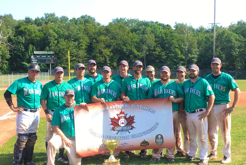 Pictou County ballplayers Guy Pellerine (kneeling in front) and Trevor Whynott (fourth from left) helped the Nova Scotia Mariners go 5-0 over the weekend to win the Canadian Over 35 baseball championship.