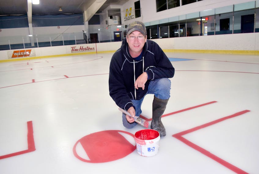 Darryl Marcott, manager at Trenton rink, put the finishing touch on the a face-off circle this week.