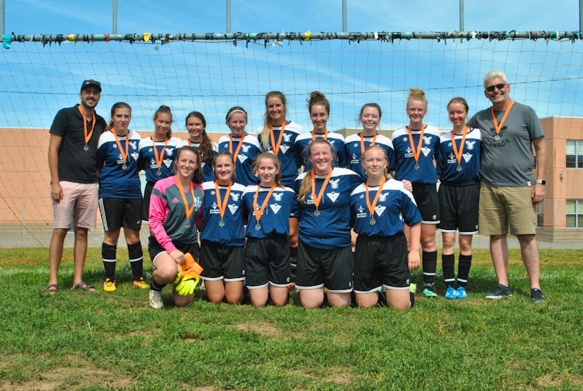 The Northern Nova United Falcons U17 girls team won silver at the Bruce Wagner Memorial Tournament this weekend. In front from left are: Megan MacKenzie, Victoria Dunn, Hayley Nichol, Tess Murray, Jenny Ferrara. Missing from the photo are KJ Emery, Tori Whittemore and Alma Ianta. In back from left are: coach Zachary Langlois, Abbey Munroe, Anastasia van Zyl, Madison Bond, Emily MacKenzie, Alicia Thomsen, Madeline Schnare, Emma Martin, Georgia Murray, Maya Goldchtaub and coach Sean Murray.