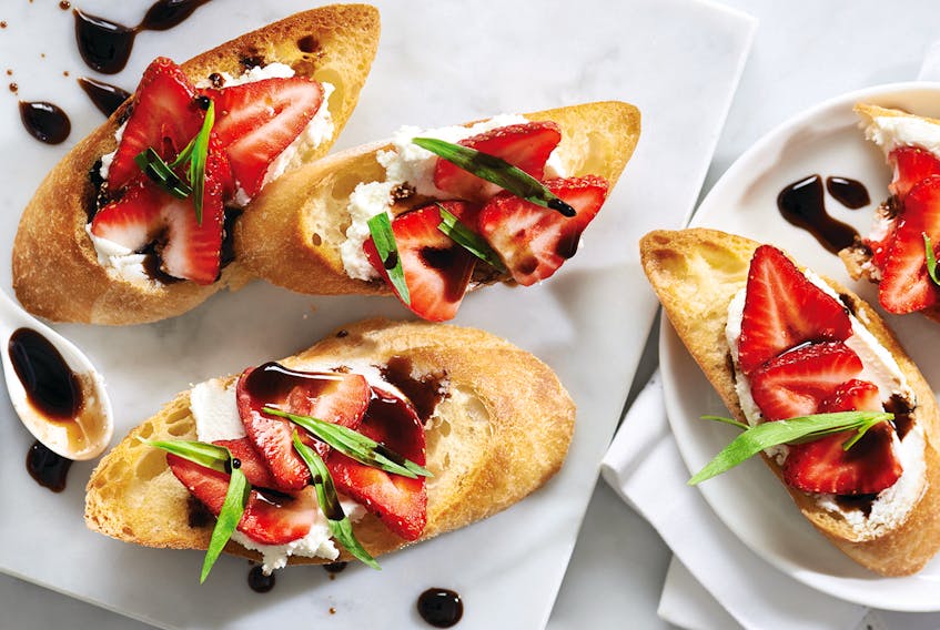 Strawberry, Tarragon and Goat Cheese Crostini with Balsamic Reduction