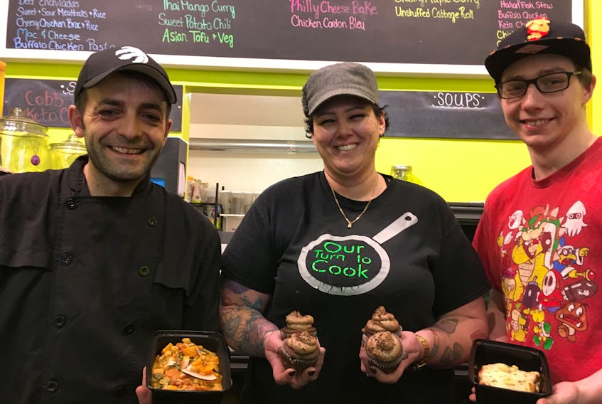 Corey Christopher, owner Brenda Kennedy and Liam Mason keep the healthy food coming at Our Turn to Cook on Archimedes Street, New Glasgow.