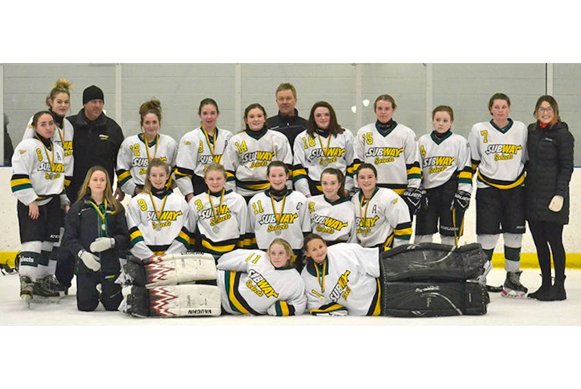 Fundy Highland Bantam A Subway Selects earned silver at the recent Subway Cup female hockey tournament. The Selects lost in a shootout to Yarmouth in the final. Members of the local club are, front row, from left, Kylee Alexander and Myah Ernst; middle row, Alyssa Ells, Ashlyn Bona, Natasha Hahn, Maggie MacLean, Anna Stewart and Olivia Marks; back row, Camyrn Wright, Taylor DeCoste, coach Stephen Alexander, Jessa MacKeil, Taylor Toole, Mallory Sangster, coach Tom Hahn, Emma MacLeod, Lucia Mason, Jana Cameron, Raleigh MacDonald and coach Annika Mason. Missing from photo is Frankie Hayman.