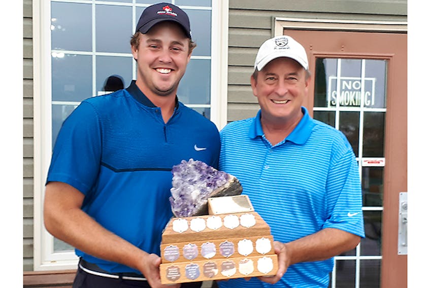 Pictou County professional golfer Brian Affleck, shown in this photo after winning the pro division at the 2019 Parrsboro Open; With him is amateur winner and tournament director Steve Boyce.