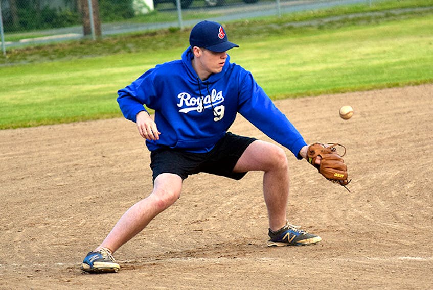 Brandon Heighton reacts to a bad hop during a Pictou County Royals practice this week.