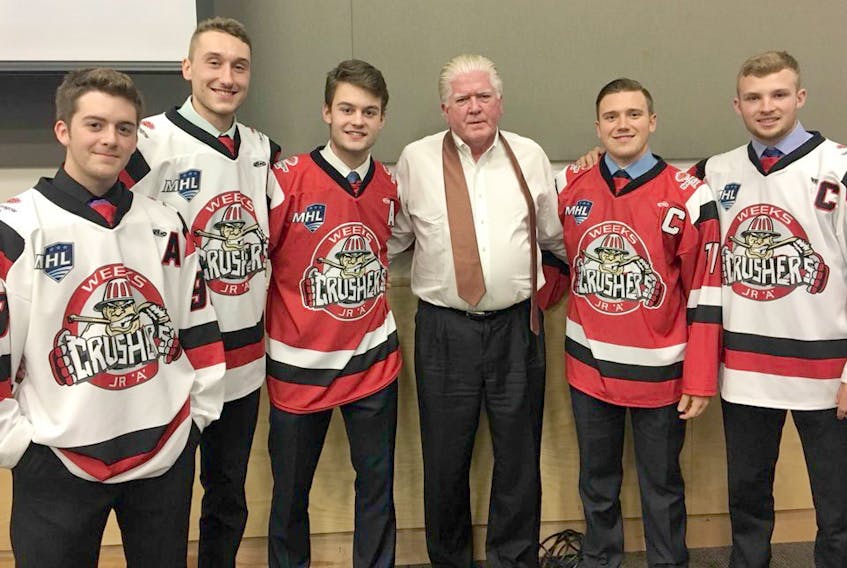 Dylan Riley, Barrett Dachyshyn, Jake Martin, former NHL executive Brian Burke, Jacob Hickey and Evan MacLennan. Burke was at the Pictou County Wellness on Tuesday to deliver a presentation on leadership, and also hosted a Q&A session in front of more than 200 people.