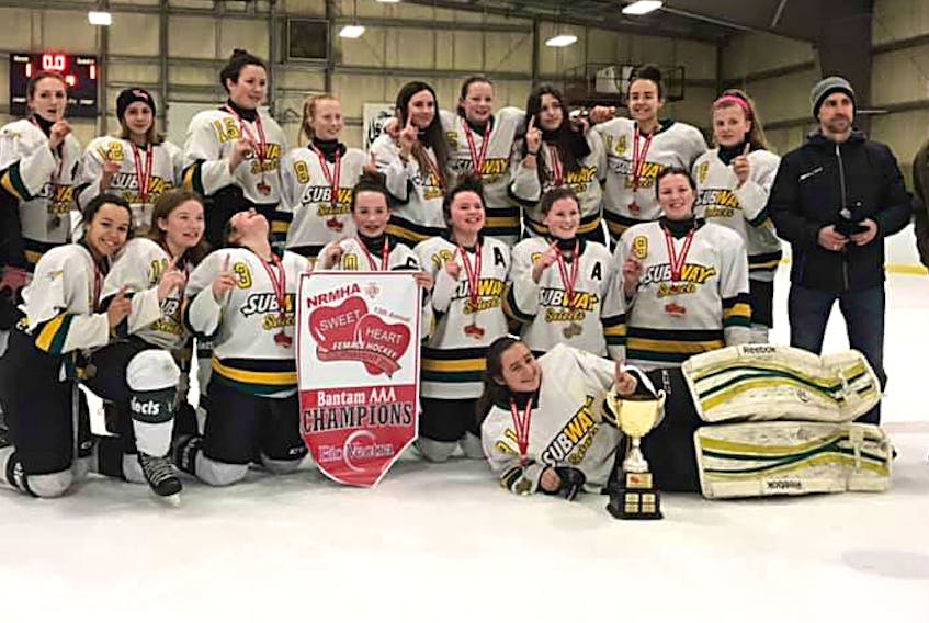The Fundy Highland Subway Selects posted an undefeated record and edged the Moncton Rockets 2-1 in a shootout to win the bantam AAA division at the Sweetheart female minor hockey tournament. Members of the Selects are, front, Gabby Arsenault; first row, from left, from left, Willa Evans, Kenzie Greencorn, Erin MacNeil, Olivia Fitt, Julia MacDonald, Ava Gennoe and Mairead MacPherson. Second row, coach Tanya MacDonald, Megan Smith, Jaylen Langille, Josie Dunn, Baillie Griffon, Sarah Fraser, Bree MacPherson, Ellie Clarke, Emily Hart, Maddi Beson and coaches Bryan Smith and Trevor Fitt.