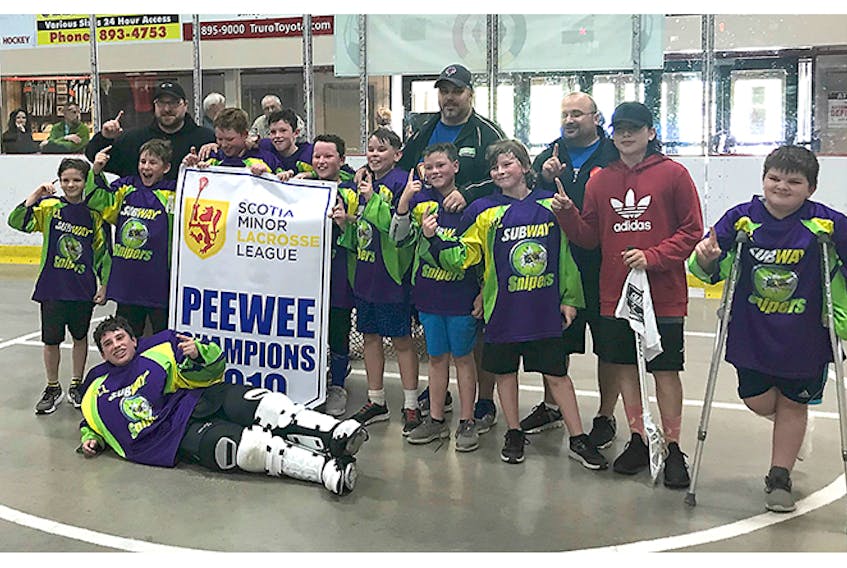 Pictured are the Peewee Snipers with the 2019 SMLL championship banner. Team members include Noah Boudreau, Liam Carter, Mason Carter, Nathan Fast, Nolan Fukes, Connor Hattie, Ewan MacPherson, Ross MacPhee, Jake Maloney, Zachary Oliver and Sam Wagner.
