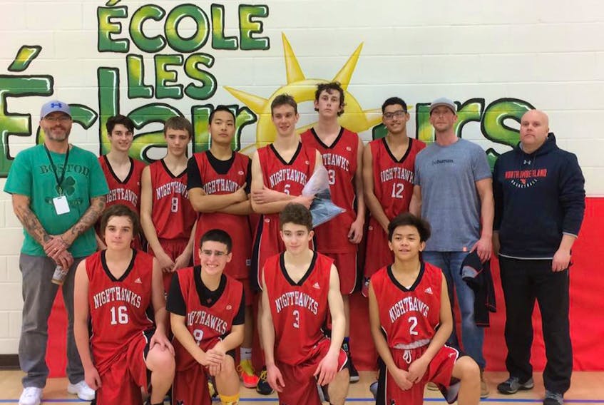 The NRHS Nighthawks won five games and had a single loss in a strong showing in Fredericton last weekend. Front row, from left, Brayden MacDonald, Alvaro Ortega, Jonah MacEachern and Lexter Rico. Back row, from left, Coach Steve MacLeod, Tom MacKenzie, Marcus MacLeod, Derrick Cho, Glen Cox, Rhys Stevenson, Raine DeCoste, coach Mark Stinson and coach Erik Neilsen. Missing from the photo is Tyler Watters.