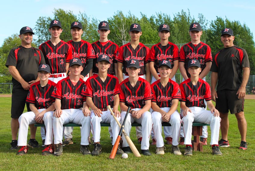 The Stellarton U15 Albions. In Front left to right are: Chase Roberts, Alex Cathcart, Cameron MacKinnon, Blaise MacDonald, Andrew Fraser, and Riley Farrell. In Back left to right are: Assistant Coach Jason MacKinnon, Zachary Macinnis, JD MacKenzie, Cameron Young, Lucas Canning, Mike Law, Joseph Mason, and Head Coach Erik Fraser.
