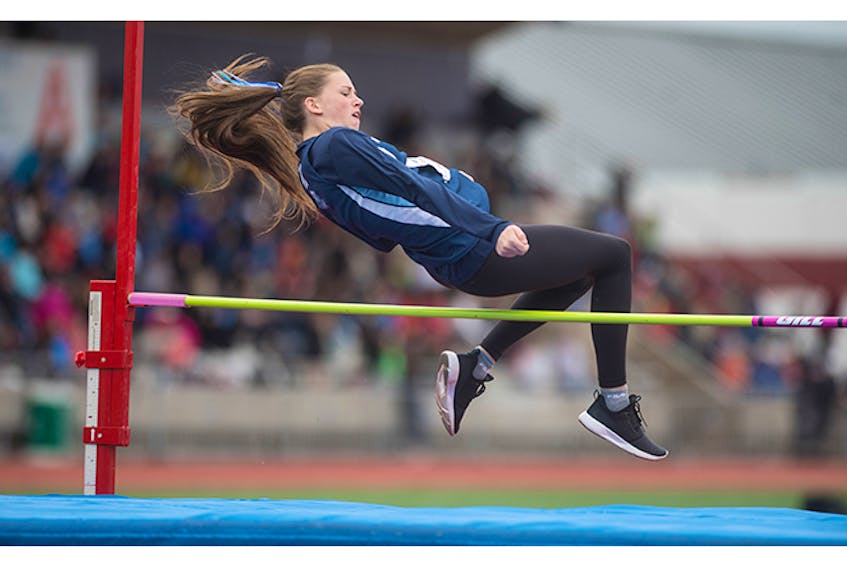 Mattea Miller-Evans of North Nova Education Centre competes in the intermediate girls’ high jump at the 2019 NSSAF Track and Field Championships in Wolfville on May 31.