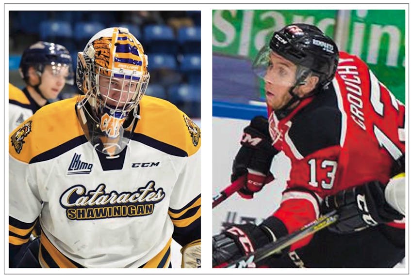Lucas Fitzpatrick (left) had a 4-21 record in 36 games for the Shawinigan last season, but the St. John's native wasn’t alone in having a testing season with the Cataractes, who finished with 39 points, tied for lowest in the 16-team QMJHL. Lab City native Matthew Grouchy (right) struggled in the back half of the regular season after a January trade to the Quebec Remparts, but performed exceptionally well in the Remparts’ QMJHL first-round playoff series against his old team, the Charlottetown Islanders. —Shawinigan Cataractes photo/Facebook and Quebec Remparts photo/Jonathan Roy