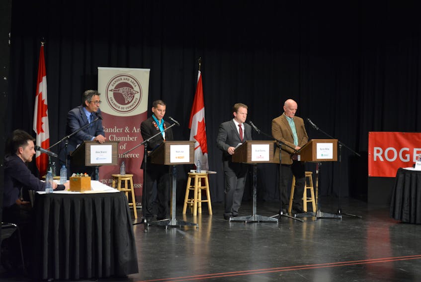 The four candidates running in the 2019 Federal Election in the riding of Coast of Bays-Central-Notre Dame squared off in a live debate at the Gander Arts and Culture Centre on Oct. 8.