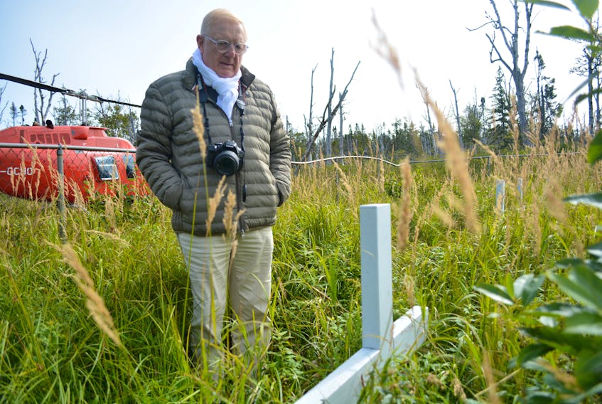 Jacques Drossaert pauses at the cross belonging to his uncle Alfred Drossaert in the St.Martins-in-the-Woods cemetery, the crash site of the Sabena DC-4. The site is 35 kilometres south of Gander.