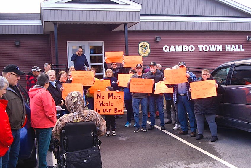 Protesters are shown in front of the Gambo Town Hall on Thursday, Oct. 3.