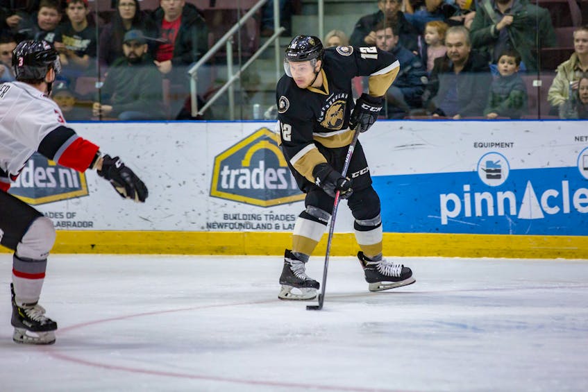Scott Pooley (12) scored his team-leading 16th and 17th goals of the season, leading the Newfoundland Growlers to a 3-1 win over the Adirondack Thunder Saturday night at Mile One Centre.