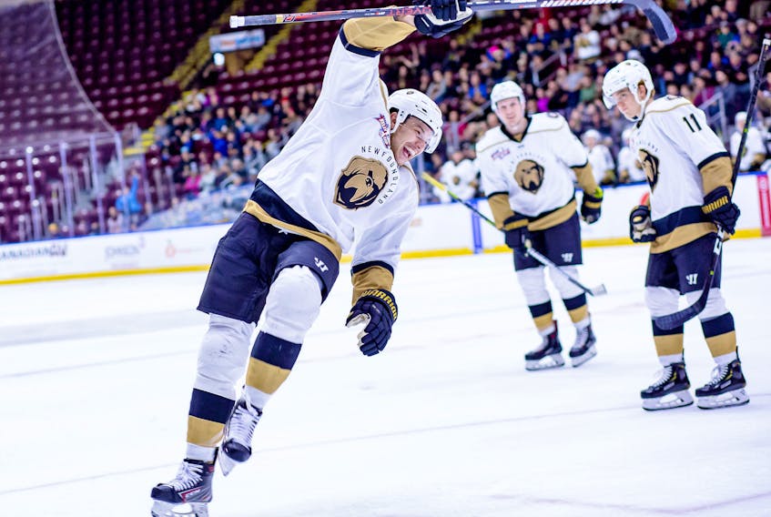 Newfoundland's Scott Pooley celebrates one of his two goals Friday night at Mile One Centre, where the Growlers defeated the Atlanta Gladiators 5-3. — Newfoundland Growlers photo/Jeff Parsons