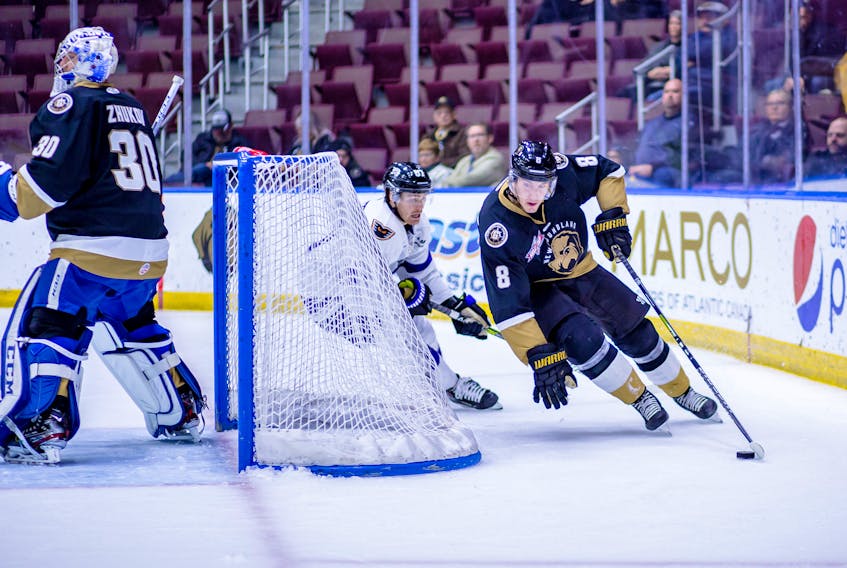Newfoundland Growlers' defenceman Evan Neugold (8) was the second star for a second straight night Wednesday, scoring twice as the Growlers downed the Reading Royals 6-4 at Mile One Centre. — Newfoundland Growlers photo/Jeff Parsons