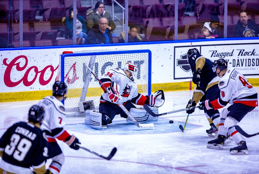Newfoundland Growlers forward Justin Brazeau (17) slips the puck past Adirondack Thunder netminder Eamon McAdam for what would stand as the winning goal early in the third period of an ECHL game at Mile One Centre Tuesday night. — Jeff Parsons/Newfoundland Growlers