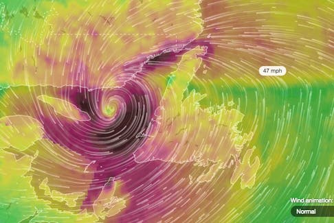 This imagery shows the location of Hurricane Dorian at 10:30 a.m. Sunday. The dark purple area shows its strongest gusts just off the Bay of Islands and Port au Port Peninsula area. - Image courtesy of www.ventusky.com