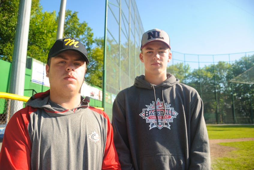 Ryan Park of Irishtown-Summerside, left, and Jay Miller of Corner Brook, recently played for Team Newfoundland and Labrador at a national 17U baseball tournament in Saskatchewan.