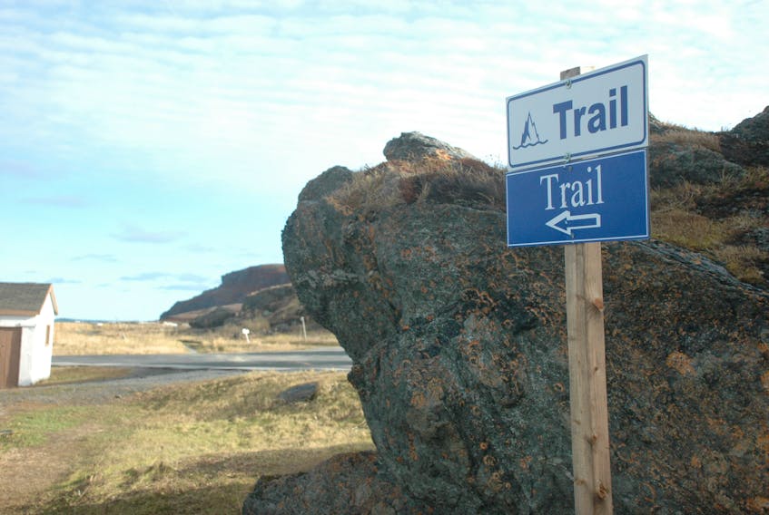 The Iceberg Trail starts near the Leif Eriksen statue in L'Anse aux Meadows. Pictured is the sign pointing directing hikers to the trail. STEPHEN ROBERTS / THE NORTHERN PEN PHOTO