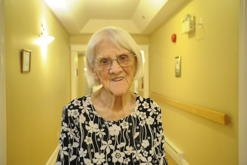 Trixie Hines, a resident of Acadian Village Retirement Home in Stephenville, poses for a photo in her room. Hines will turn 104 years of age on Friday. FRANK GALE/ THE WESTERN STAR