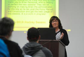 Outgoing Corner Brook Minor Hockey Association president Jackie Simms delivers her report at the organization’s annual general meeting last week.