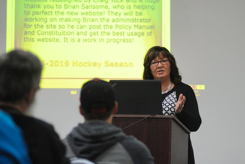 Outgoing Corner Brook Minor Hockey Association president Jackie Simms delivers her report at the organization’s annual general meeting last week.