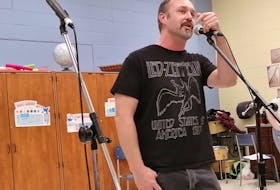 Darryl Perrett rehearses for his theatrical debut with the Off-Broadway Players. Perrett will be playing Lonnie, one of the lead roles in the troupe’s production of “Rock of Ages” which runs on the Arts and Culture Centre stage Thursday to Saturday.  - Daniel Tucker photo