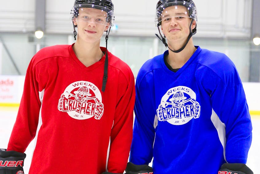 Andrew Antle, left, was recently traded to the Pictou County Weeks Crushers of the Maritime Junior A Hockey League, where he rejoined his childhood friend and longtime teammate Andrew Burden.