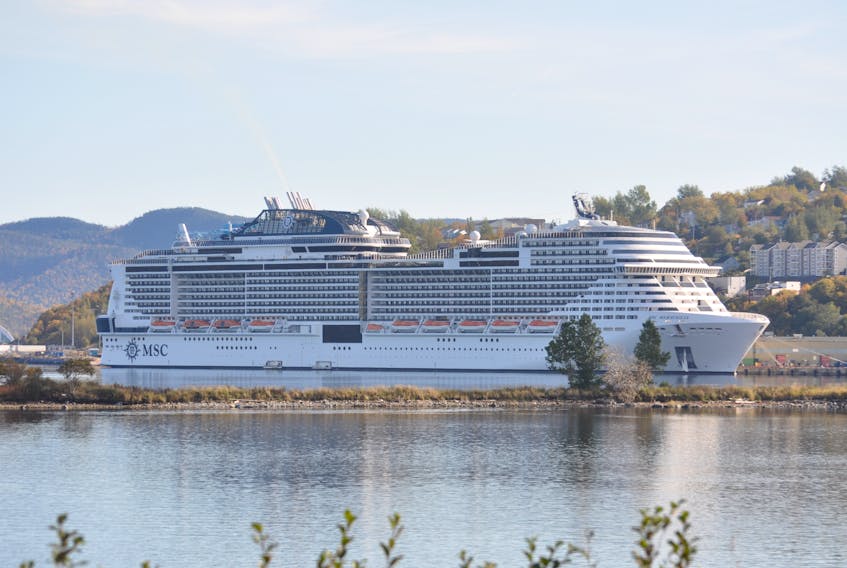 The MSC Meraviglia, the largest of the cruise ships to visit Corner Brook this season, covers nearly the entire length of the dock at the port. The ship which arrived this morning will be in port until about 5 p.m. With sunny skies and mild fall temperatures, the approximately 4,500 passengers and 1,536 crew members will have good day to explore the city and surrounding area and take in the beautiful fall colours. The Meraviglia visit is the last one of the cruise ship season which has seen a total of 19 ships call into port since May.