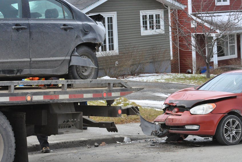 Two of three vehicles involved in a collision on West Valley Road in Corner Brook on Friday afternoon are seen here. The Royal Newfoundland Constabulary was on the scene diverting traffic through Raymond Heights and say no one was hurt in the collision. One of the drivers was issued a summary offence ticket for following too closely.