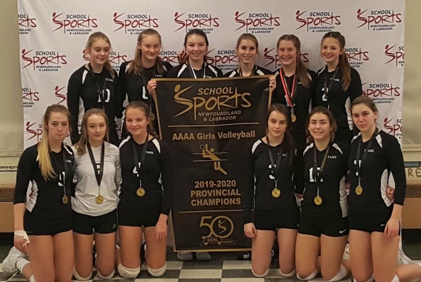 Corner Brook Regional High successfully retained its crown as girls 4A champs at the School Sports NL Super Volley provincial championships held in Gander and Glenwood recently. The tournament saw 65 boys and girls teams from across the province competed in eight dfferent divisions. Members of the Corner Brook squad are, from left, (front) Brooklyn Rodgers, Sidney Joyce, Kaitlyn Lushman, Miranda Luff, Alison Grabka, Brianna Kennedy; (back) Cali Breen, Adria Butt, Megan Allen, Sara Dunn, Charlotte Sweetapple and Megan Williams. - Contributed