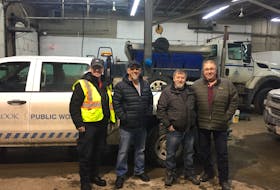 These four City of Corner Brook snowplow/snowblower operators, from left, Todd White, Rick Kean, Morgan Hammond and Brian Dawe, are currently deployed to St. John's to help with the mammoth snowclearing effort currently under way in the aftermath of Friday's major blizzard. The city sent two loader/snowblower combinations, along with mechanic Mike Marks, to assist in operations. CONTRIBUTED