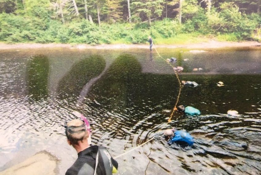 Volunteers and workers on a project aimed at rebuilding salmon stocks are seen here doing a snorkeling salmon count in one of the Bay St. George South rivers this past summer. CONTRIBUTED