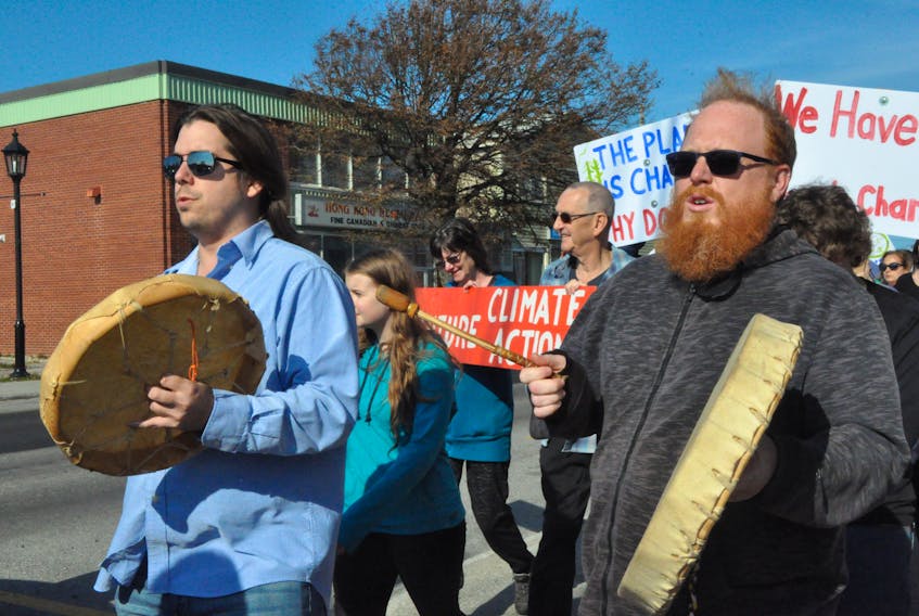 Among the participants in last Friday's Climate Strike march in Stephenvile were Shane Snook, left, and D’Arcy Butler, two members of a group of Mi’kmaq community drummers. FRANK GALE/THE WESTERN STAR