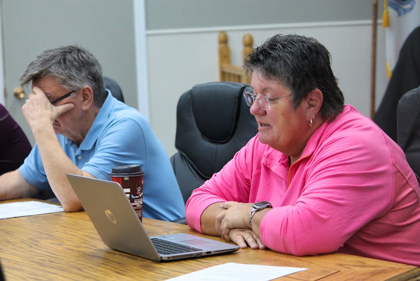 Deputy Mayor Susan Fowlow reads out a permit item from her laptop at Stephenville town council’s regular general meeting on Oct. 17. FRANK GALE/THE WESTERN STAR
